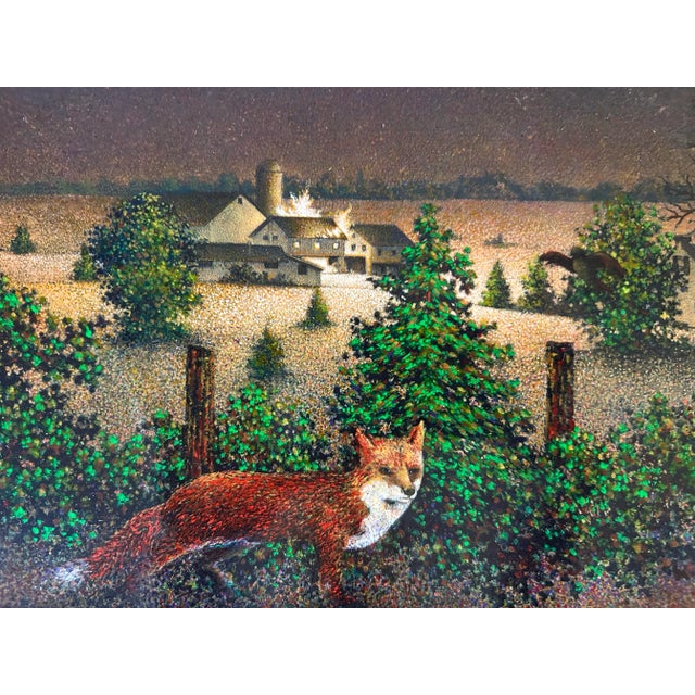 Vintage Original Oil Painting on Wood Panel of a Fox in Farm Landscape For Sale - Image 4 of 7