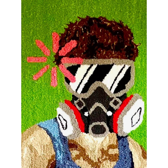 Cedric Vu "Do You Smell Fumes?" Tufted Yarn Self Portrait, Gas Mask Figure, Electric Green, Contemporary California Textile Art, Pop Art, 2025 For Sale - Image 4 of 8