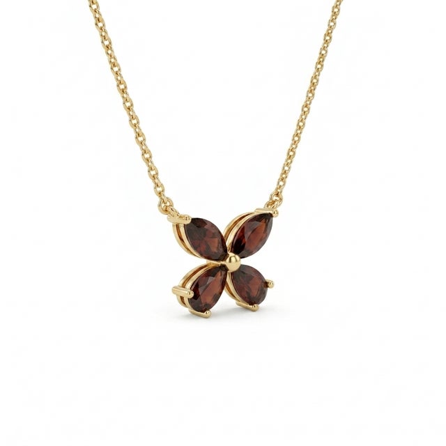 Contemporary Dainty Garnet Flower Necklace | Gemstone Floral Pendant | January Birthstone Necklace For Sale - Image 3 of 4