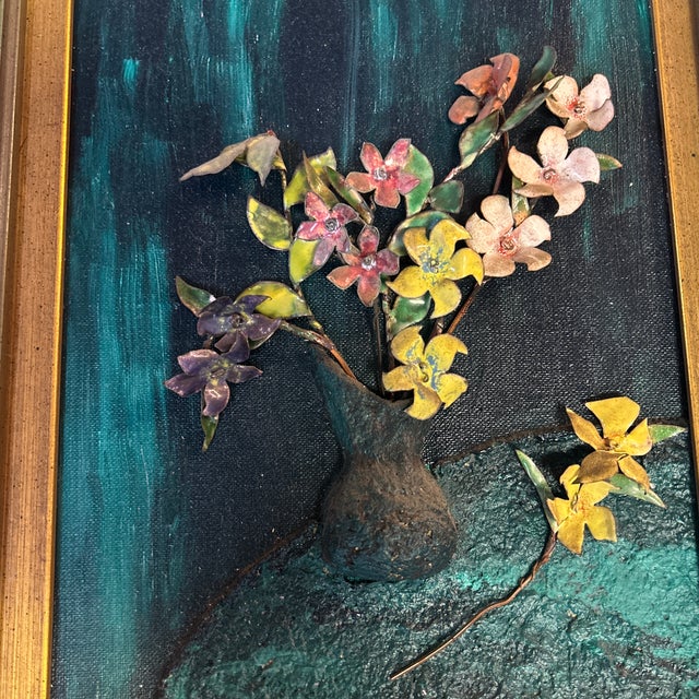 1970’s original 3-D enamel floral still life painting. Measures 11x13. Check out my shop Robins Egg Gallery for more.