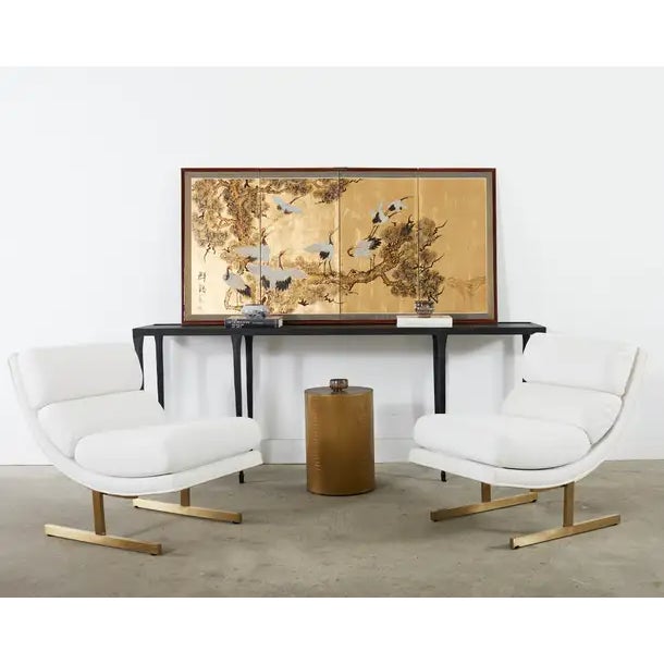 Japanese Style Four Panel Screen Flock of Cranes in Pine | Chairish
