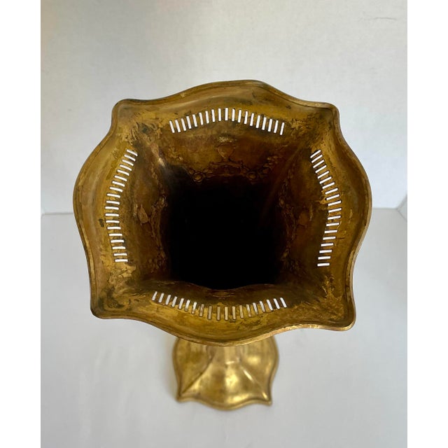 Antique Art Nouveau Gilt Metal Trumpet Altar Vase With Floral Relief For Sale - Image 9 of 14