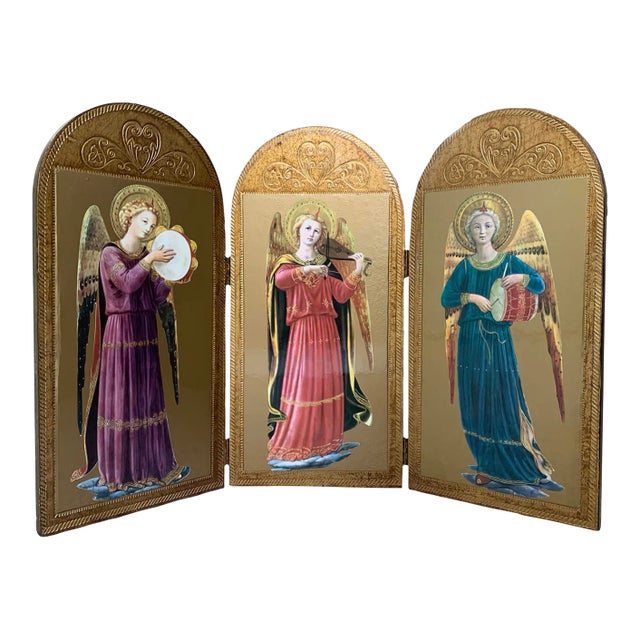 Late 20th Century Vintage 3-Panel Wood Screen of Hand Painted Angels For Sale