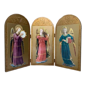 Late 20th Century Vintage 3-Panel Wood Screen of Hand Painted Angels