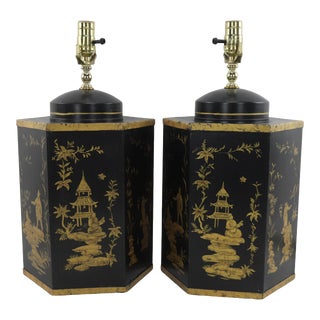 Pair of Black Vintage Export British Tea Cans Hand Painted Chinoiserie Hexagonal Table Lamps For Sale