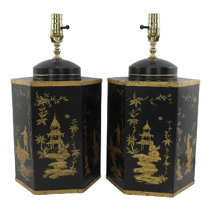 Pair of Black Vintage Export British Tea Cans Hand Painted Chinoiserie Hexagonal Table Lamps