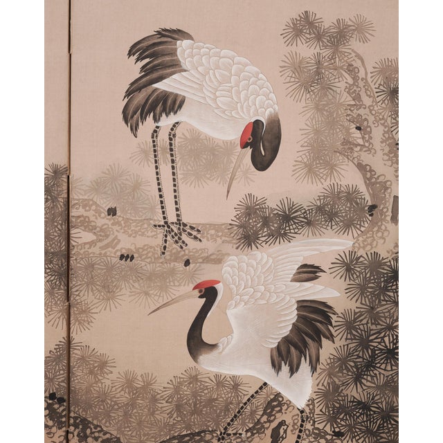 Japanese Style Showa Four-Panel Screen Cranes in Pine Trees For Sale - Image 9 of 18