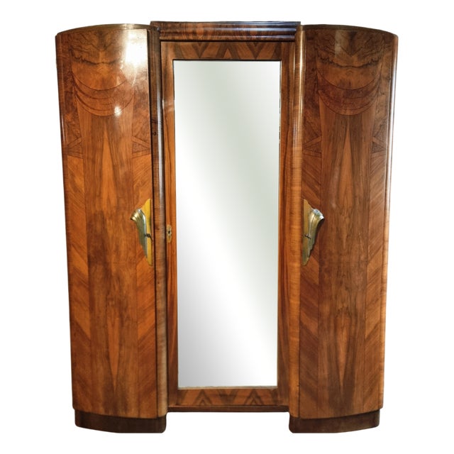 Art Deco French Walnut Wardrobe with Mirrored Door, 1930s For Sale