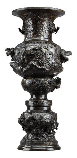 Large Bronze Vase Sculpted with Chimeras, Dragons, Birds of Frey and Phoenix, 1890s