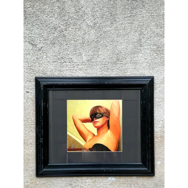 Vintage Masked Lady Oil Print in Black Frame For Sale - Image 4 of 14