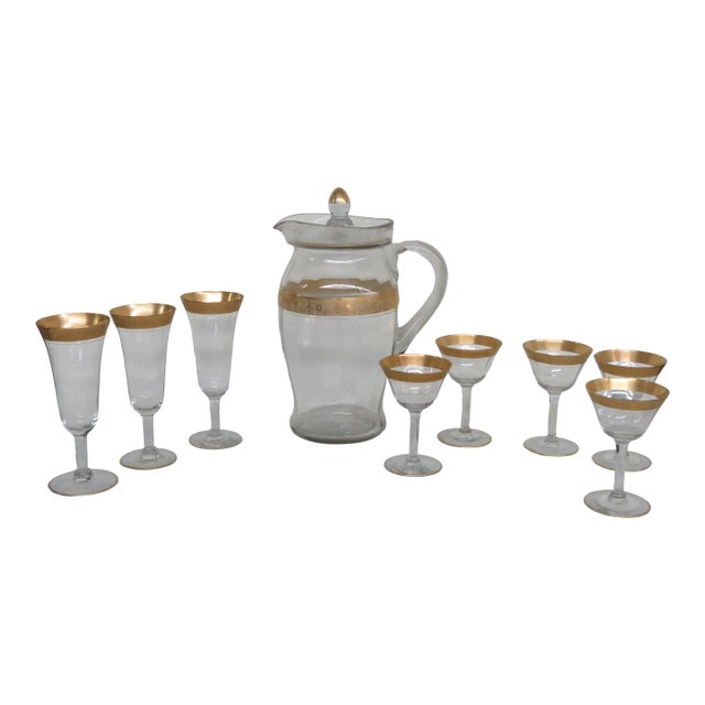 Tiffin Franciscan Gold Embossed Pitcher and 8 Paneled Optic Glass Goblets 4210b For Sale
