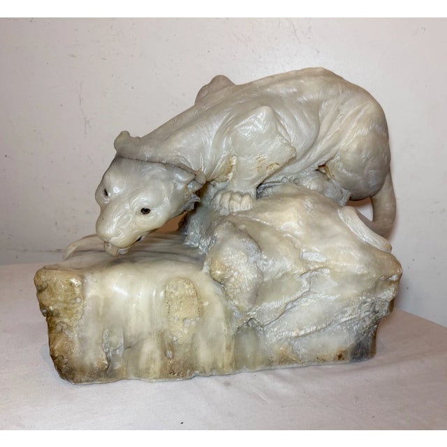 Figurative 1910s Huge Antique Hand Carved Alabaster Stone Big Tiger Cat Lamp Sculpture Statue For Sale - Image 3 of 14