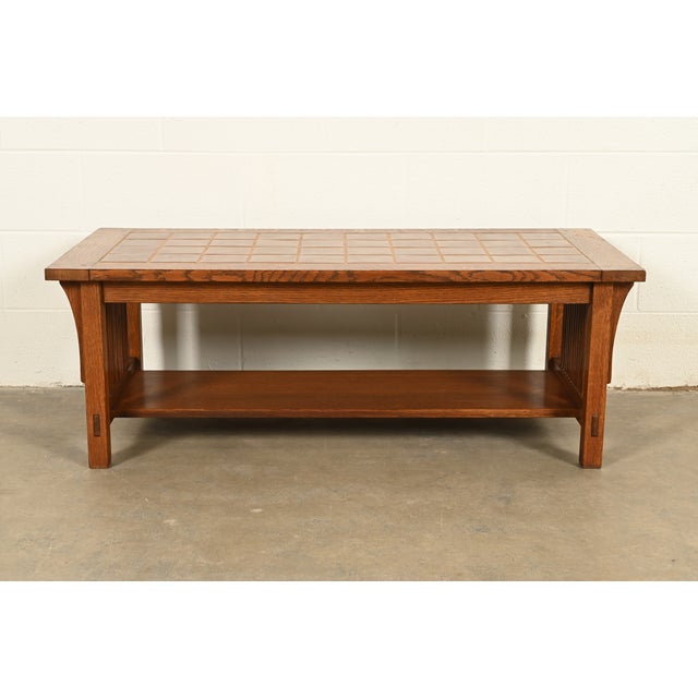 Early 21st Century Stickley Mission Oak Arts & Crafts Two-Tier Tile Top Spindle Coffee Table For Sale - Image 5 of 15