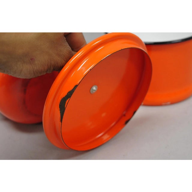 Vintage Enamel Orange & Black Metal Double Boiler Nesting Pot W/ Lid For Sale - Image 11 of 13
