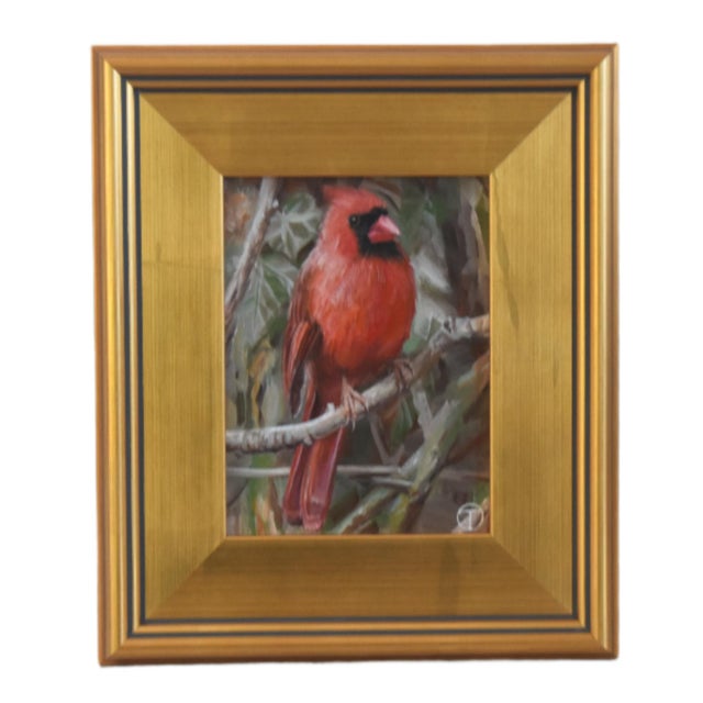 2020s Red Cardinal Bird Portrait Nature Painting Including the Antiqued Gold Wood Frame For Sale - Image 5 of 5