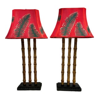 Late 20th Century Vintage Faux Bamboo Table Lamps With Red Shade - a Pair For Sale