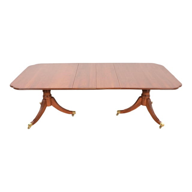 Henkel Harris Style Georgian Solid Cherry Wood Double Pedestal Extension Dining Table, Newly Refinished For Sale