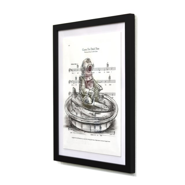 Figurative Pursuit of Contentment - Framed Original Figurative Narrative Mixed Media Artwork on Sheet Music For Sale - Image 3 of 9