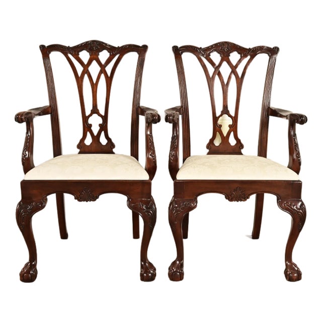 Drexel Heritage Chippendale Carved Mahogany Armchairs, Pair For Sale