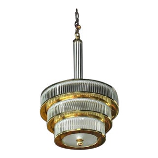 Mid-Century Modern Glass and Brass Three-Tier Light Fixture For Sale