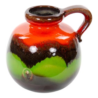 Mid-Century West German Glazed Porcelain Vase Red, Green & Brown 8.5" Tall For Sale