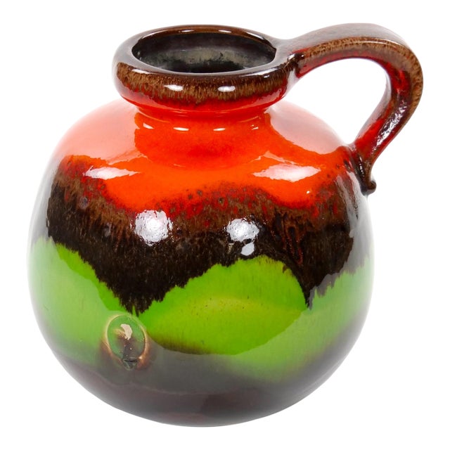 Mid-Century West German Glazed Porcelain Vase Red, Green & Brown 8.5" Tall For Sale