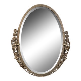 French Art Deco Oval Nickel Beveled Mirror For Sale