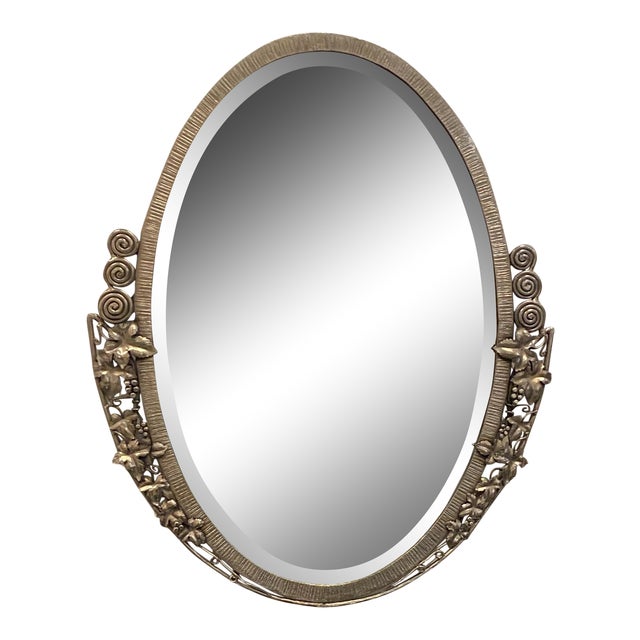 French Art Deco Oval Nickel Beveled Mirror For Sale
