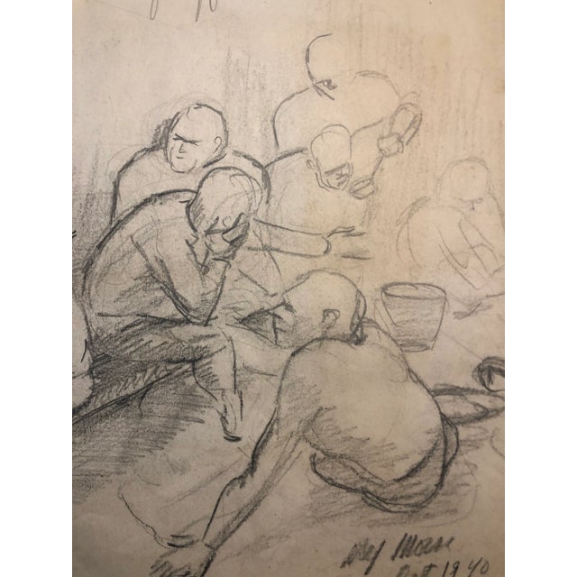 1940 drawing of a football team and coach in the locker room. Judging from the notes in the margins, its probably a studio...