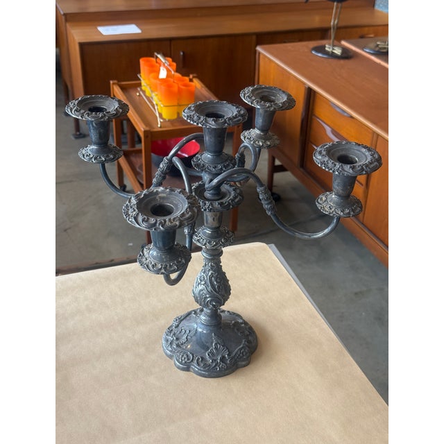 Massive and stunning 5-light silver plate Rococo style candelabra. Antique. Measures 16" 6" diameter on base 16" wide