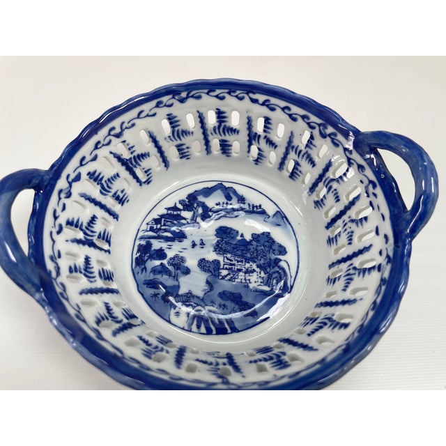 Blue Vintage Chinese Porcelain Blue & White Handled Basket For Sale - Image 8 of 9
