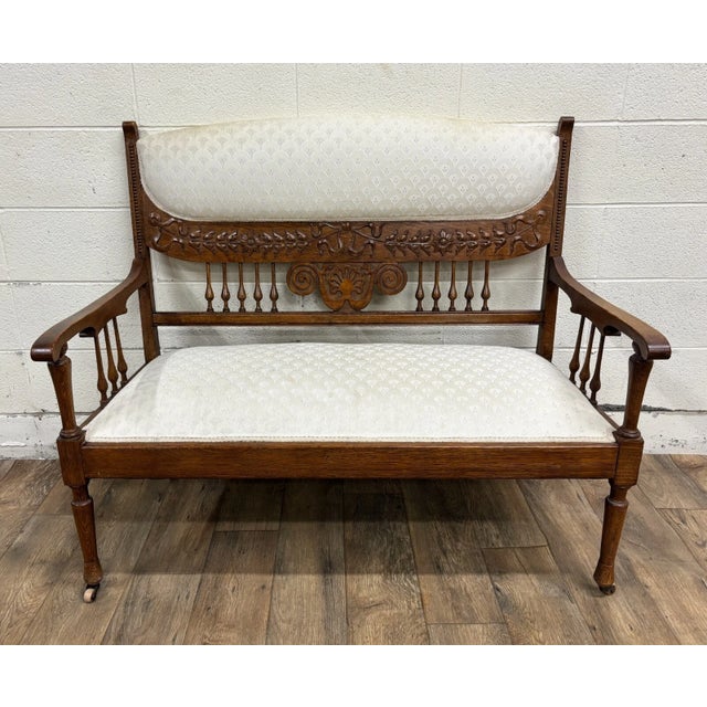 Traditional Antique Carved Spindle Back Carved Upholstered Settee For Sale - Image 3 of 10
