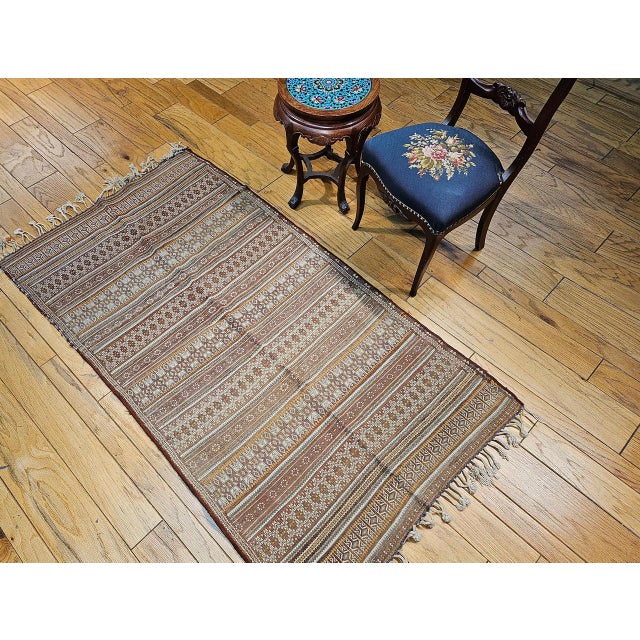Antique Uzbek Tribal Soumak Kilim, Handwoven Stripe Pattern, Brown & Gold, 4x7 For Sale - Image 4 of 16