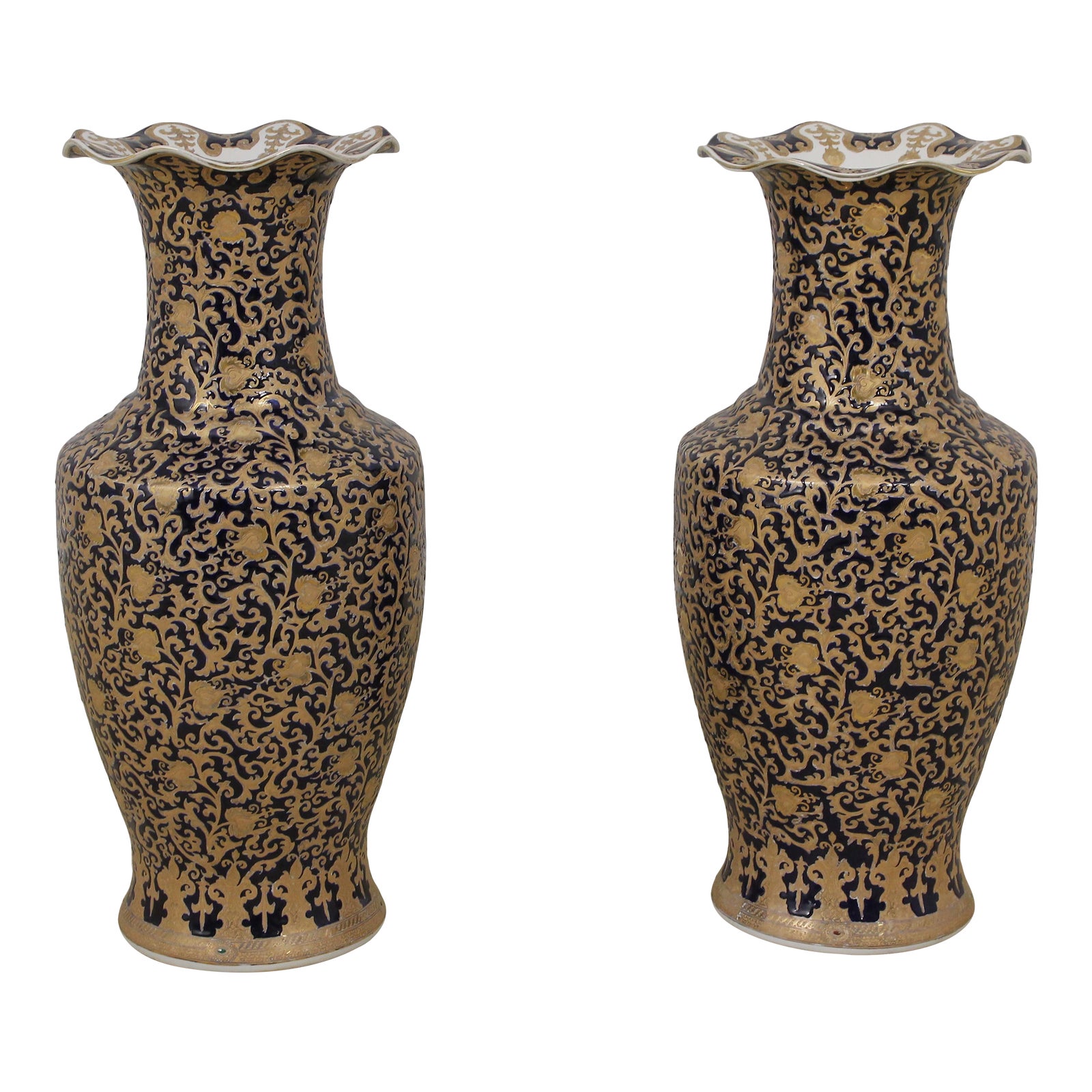 Pair of Large Blue & Gold Porcelain Chinese Style Floor Planter Vases Chairish
