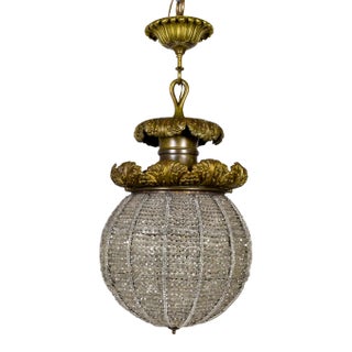 Large 1900s Belle Epoque Beaded Crystal Sphere Light Fixture With Bronze Foliate For Sale