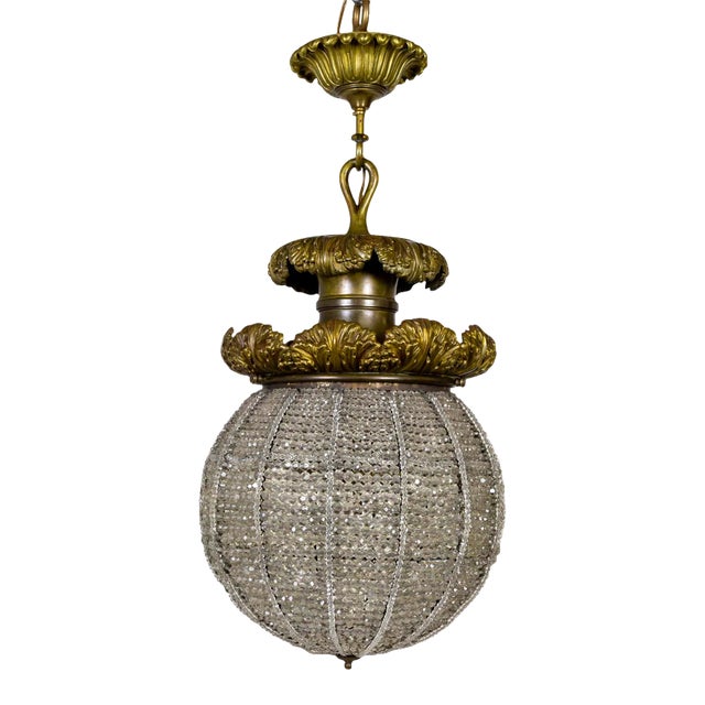 Large 1900s Belle Epoque Beaded Crystal Sphere Light Fixture With Bronze Foliate For Sale