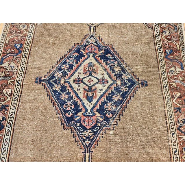 Vintage Persian Malayer Area Rug, Hand-Knotted Wool, Geometric Medallion Pattern, Camelhair & Red, 4x7 For Sale - Image 14 of 16