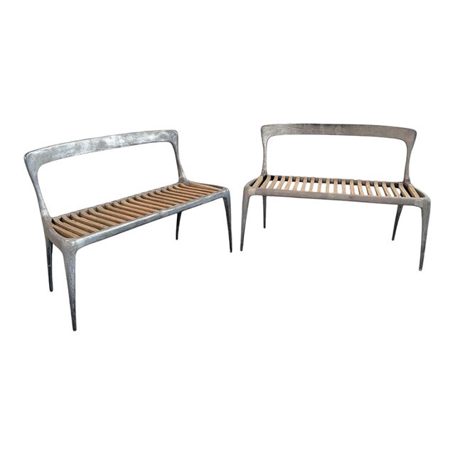 Organic Modern Cast Aluminum and Teak Bench by John Reeves For Sale