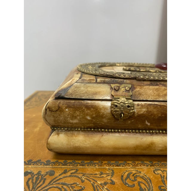 Vintage Large Bone Box With Hammered Brass Fittings & Jeweled Center Medallion