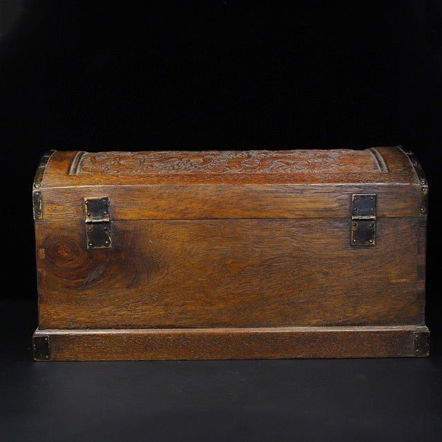 Large Hand-Carved Wooden Treasure Chest With Brass Hardware & Dragon Motif For Sale In Los Angeles - Image 6 of 9