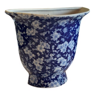 Blue and White Glazed Ceramic Floral Wall Pocket For Sale