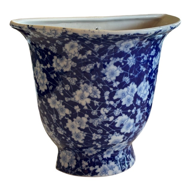 Blue and White Glazed Ceramic Floral Wall Pocket For Sale
