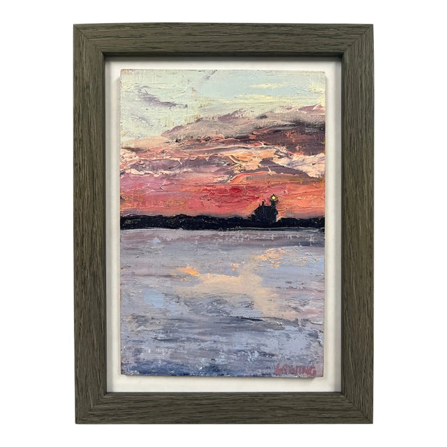 North Light, Pink Sunset, Original Painting by Julia Lawing, Framed For Sale