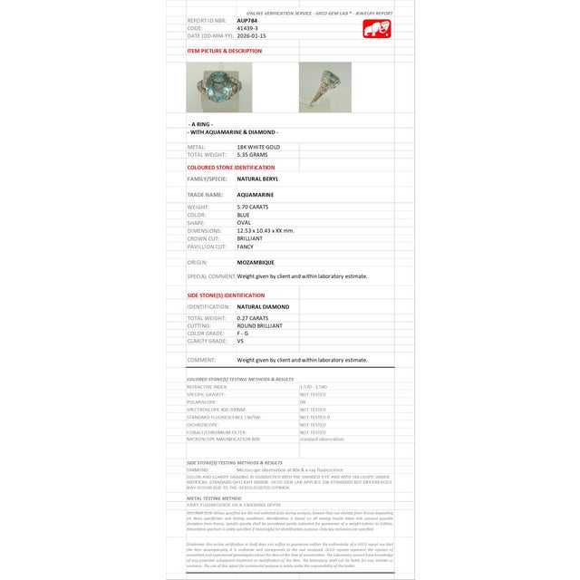 18k Gold 5.70 Carat Gfco Certified Aquamarine & Natural Diamond Ring, Size 6.75 For Sale - Image 10 of 12