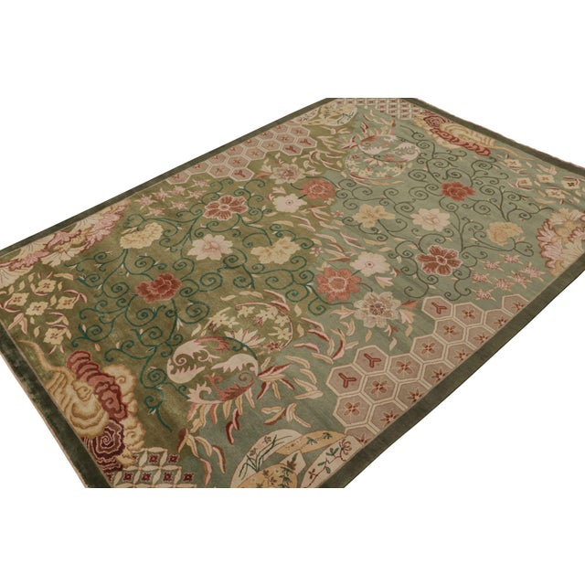 Rug & Kilim Rug & Kilim’s Chinese Style Art Deco Rug in Green With Red & Gold Florals For Sale - Image 4 of 7