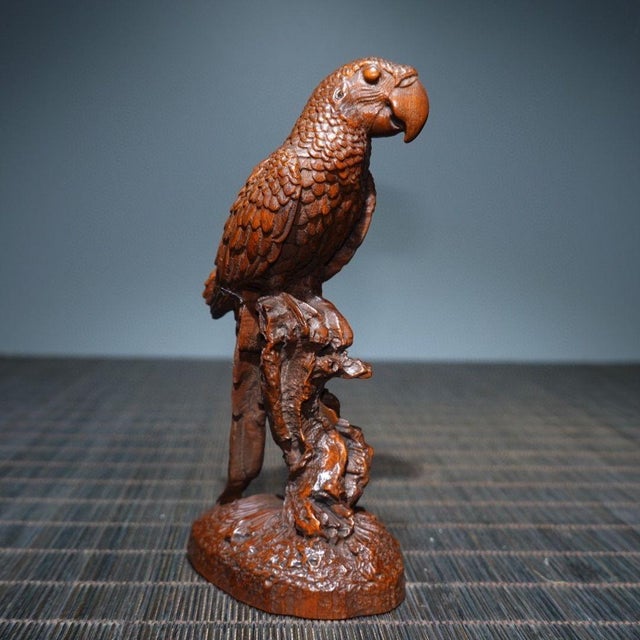 Asian Hand-Carved Boxwood Parrot Figurine on Wooden Base - Asian Sculpture For Sale - Image 3 of 9