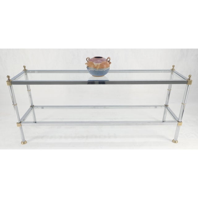 Transparent Two Tier Italian Glass Shelve Chrome 7 Brass 60" Console Sofa Table Finials MINT For Sale - Image 8 of 12