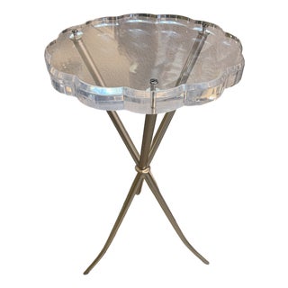 Scalloped Edge Lucite and Silver Finish Round Side Table For Sale