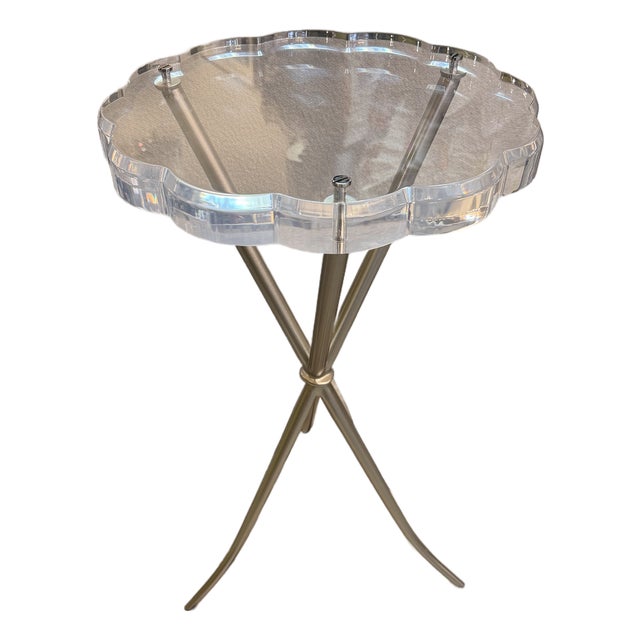 Scalloped Edge Lucite and Silver Finish Round Side Table For Sale