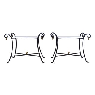 French Modern Style Wrought Iron Tables With White Stone Tops For Sale
